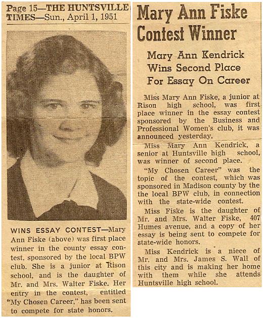 Mary Ann Fiske Wins Essay Contest - 1951
